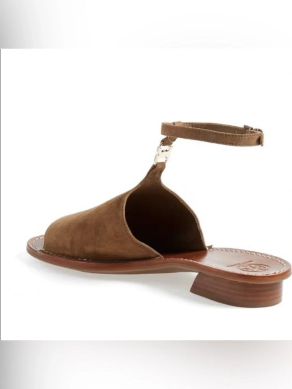 Tory Burch Tan Suede T‑Strap Open‑Toe Slingback Sandals with Gold Logo Accent